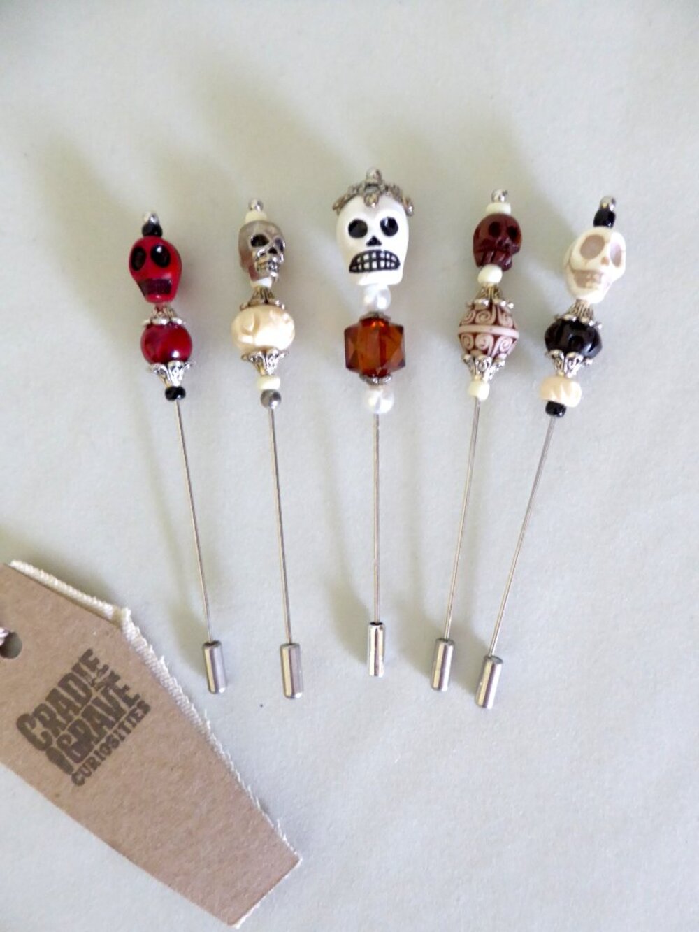 NEW 4” HANDCRAFTED GOTHIC SKULL TOPPED VOODOO DOLL PIN LOT OF 5 PROP ODDITY